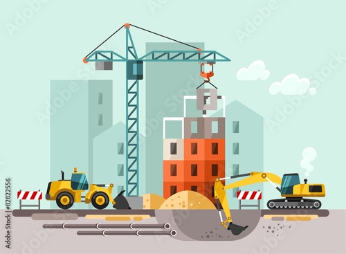 Construction site  building a house - vector flat illustration.