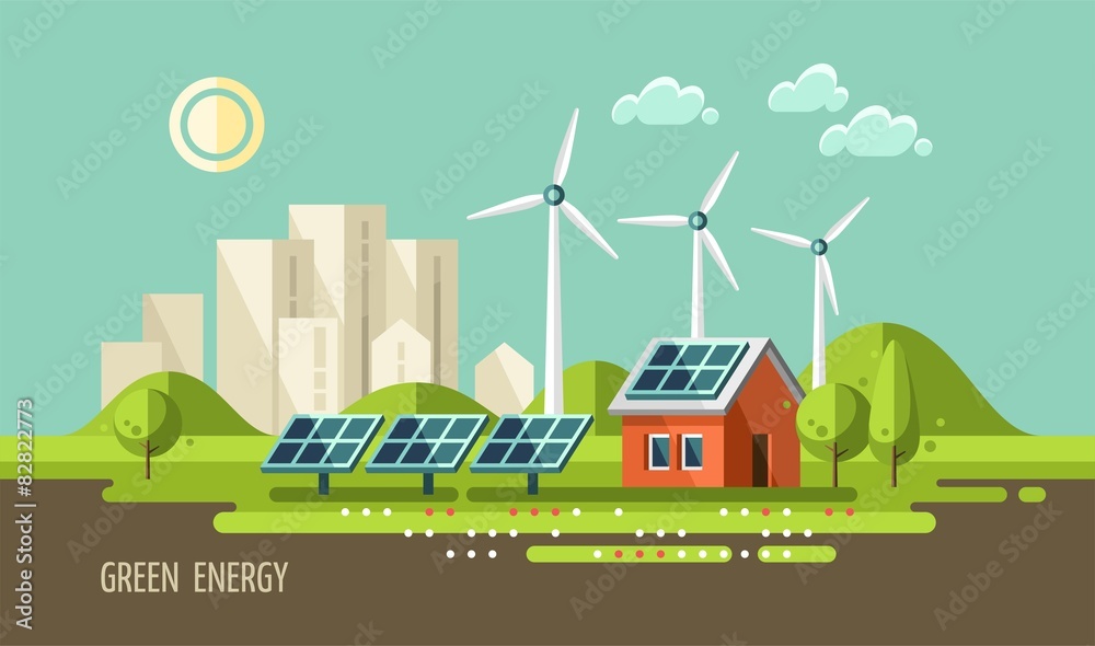 Green energy, urban landscape, ecology - vector illustration.