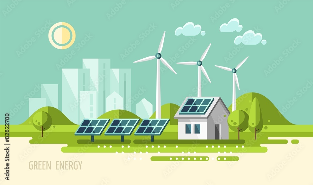 Αυτοκόλλητο Green energy, urban landscape, ecology - vector illustration.