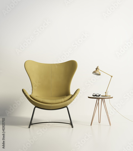 Modern mustard chair with a side table with hairpin legs photo
