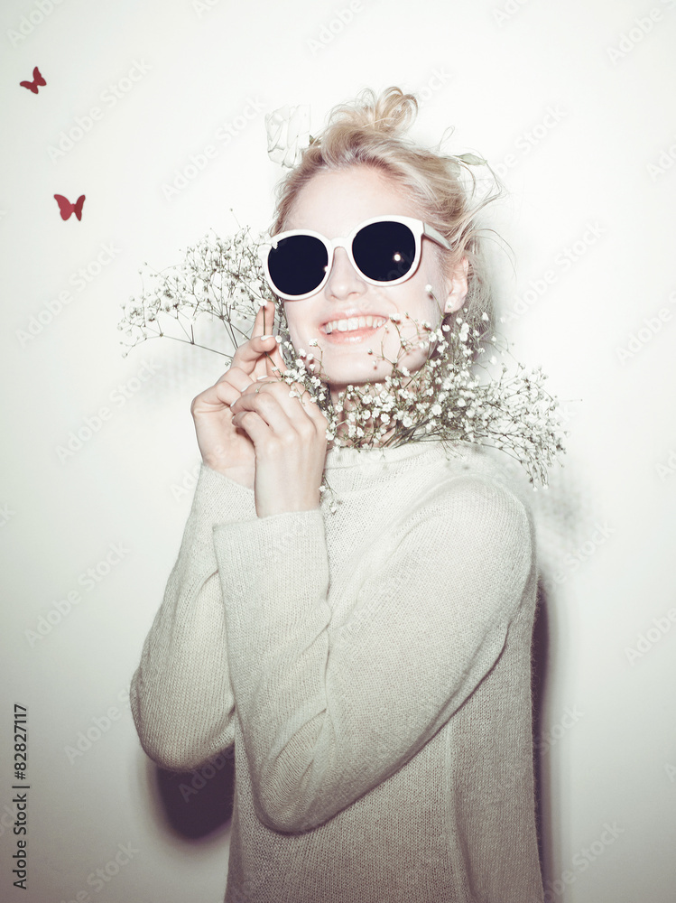 fashion woman portrait. Sunglasses Hippi hair flowers on face