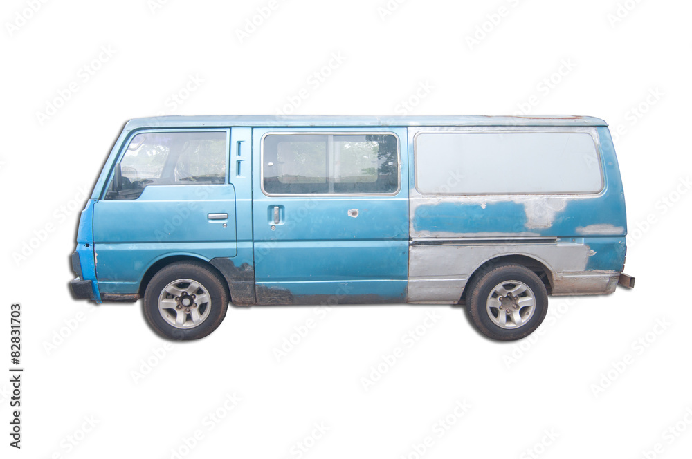 Vintage blue van on white