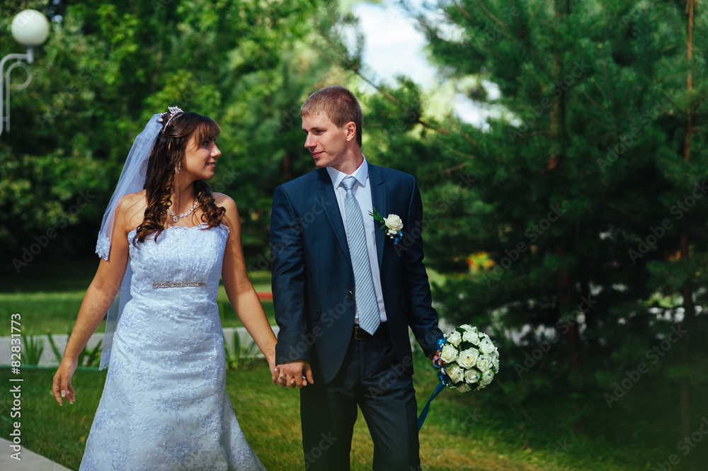 Bride and Groom at wedding Day walking Outdoors on spring nature Bride and Groom at wedding Day walking Outdoors on spring nature