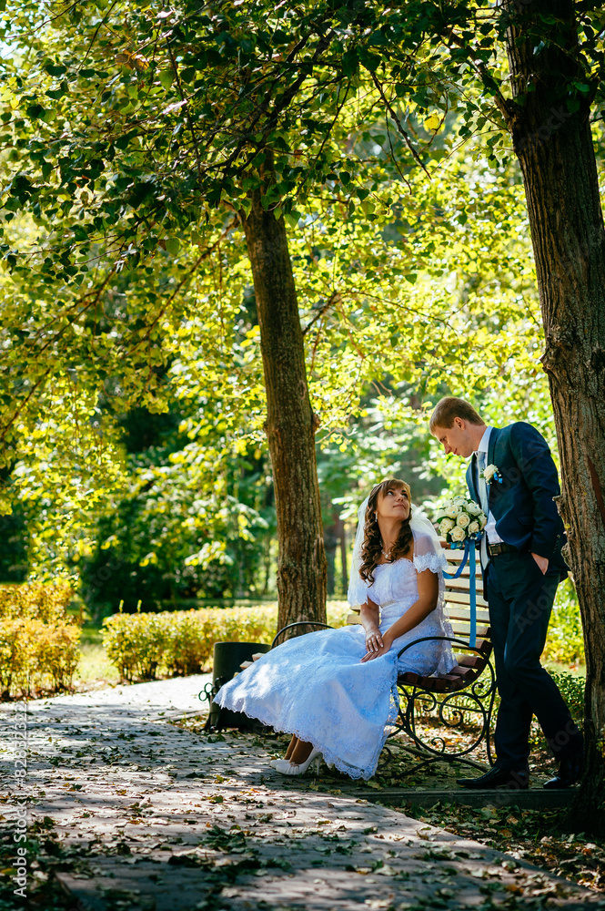 Bride and Groom at wedding Day walking Outdoors on spring nature Bride and Groom at wedding Day walking Outdoors on spring nature