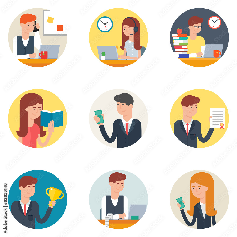 Set of business people in action flat style vector icons Set of business people in action flat style vector icons