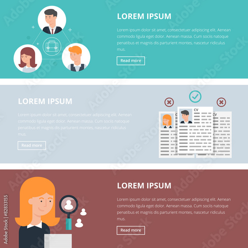 Set of flat style vector human resources banners.Team building,