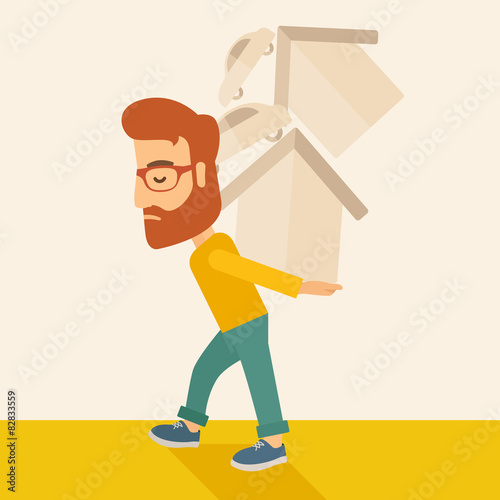 Man carrying house and car.