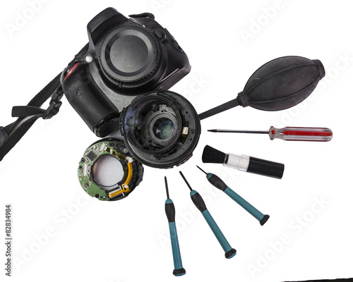 camera photo, screwdriver, brush,air pump