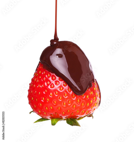Strawberry in melted chocolate isolated