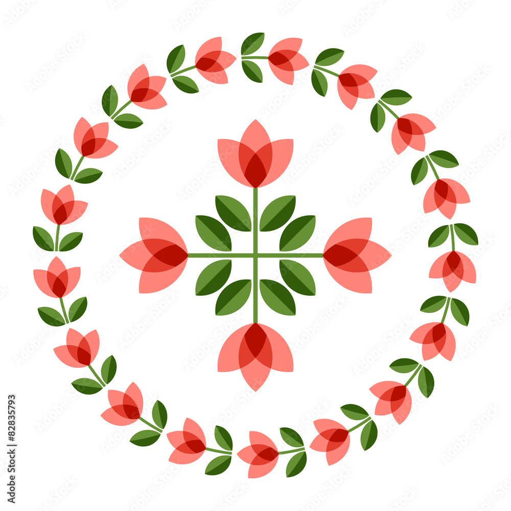 Design elements - round floral frame and scandinavian flower