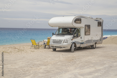 caravan, car, holidays, sea, vacations chairs tables
