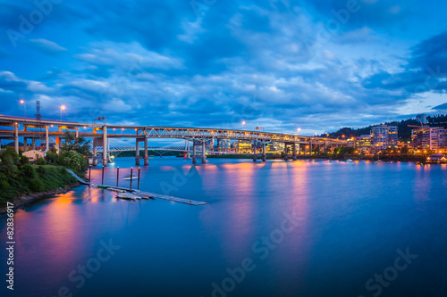 View of bridges over the Williamette River at twilight, in Portl