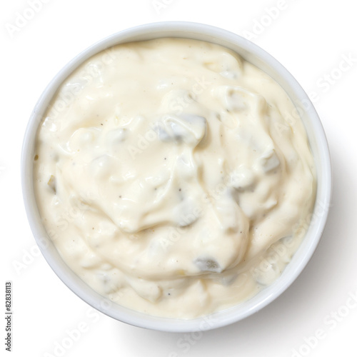 Round dish of homemade tartar sauce. Shot from above.