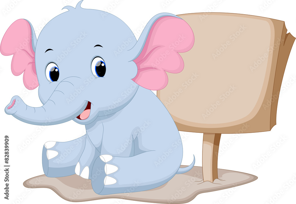 Naklejka premium Cute baby elephant cartoon with a blank sign