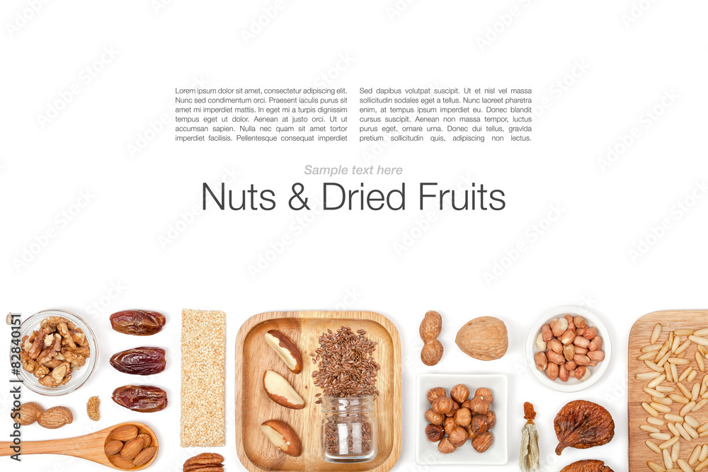 nuts and dried fruits on white background nuts and dried fruits on white background