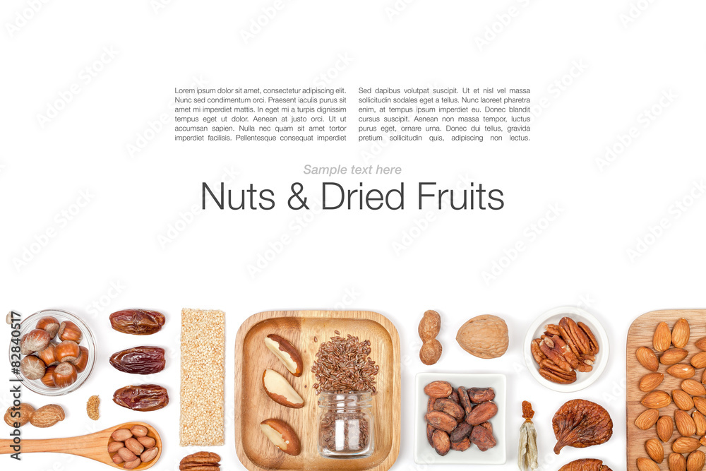 nuts and dried fruits on white background