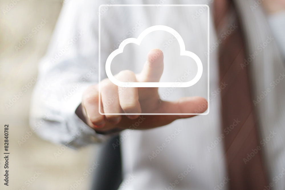 Businessman pushing button cloud icon web symbol. Businessman pushing button cloud icon web symbol.