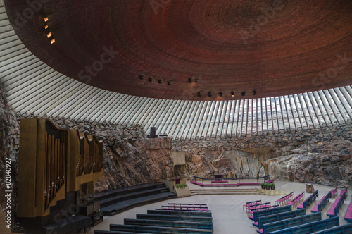 Interior of the Temppeliaukio Church in Helsinki, Finland
