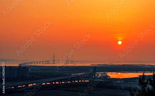 incheon bridge at sunset in korea