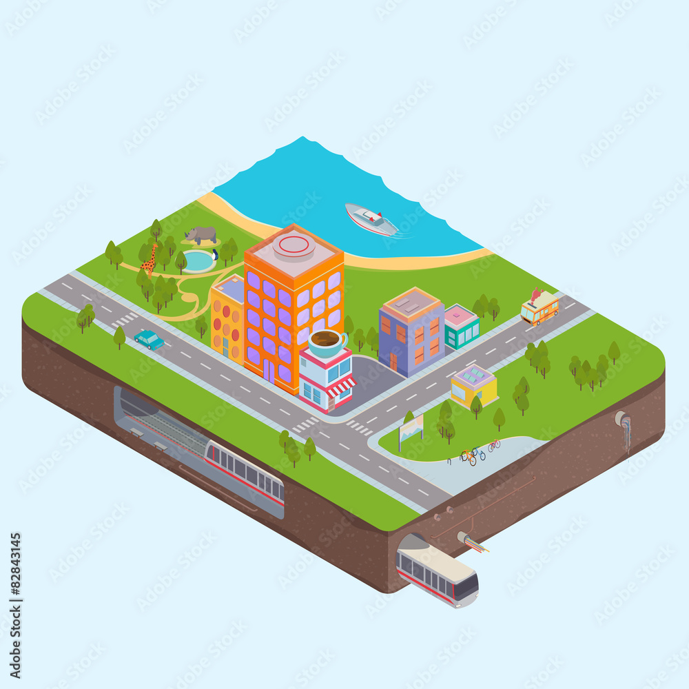 Isometric City Center map with Buildings, Zoo, sea and Subway