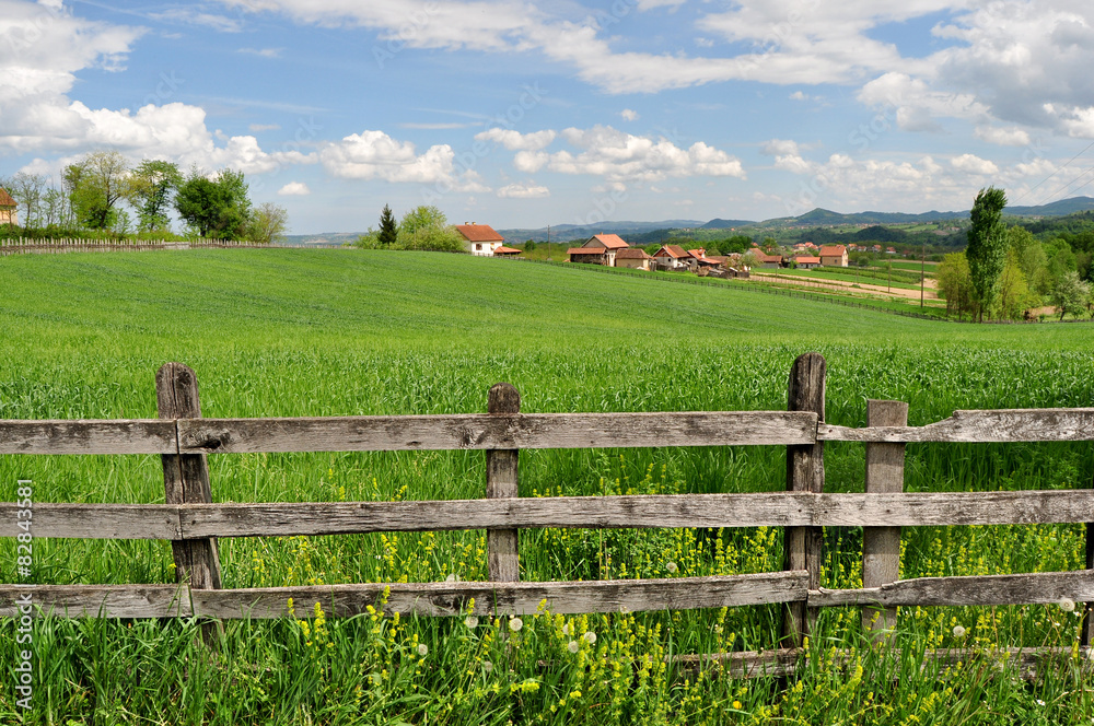 Countryside landscape with lush greenery and wooden fence