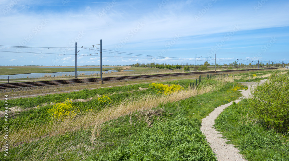 Railroad through sunny nature in spring Railroad through sunny nature in spring