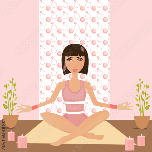 Pretty woman doing yoga in lotus position.
