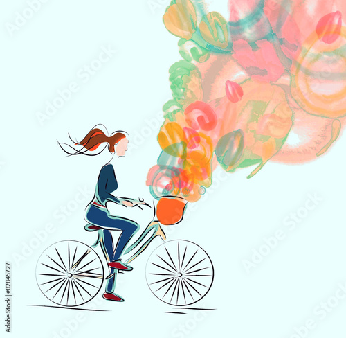 Fototapeta Naklejka Na Ścianę i Meble -  Girl, riding a bicycle on spring watercolor background