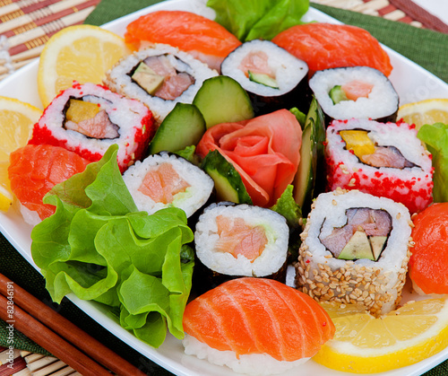 Delicious fresh sushi served on a plate. Japanese Cuisine