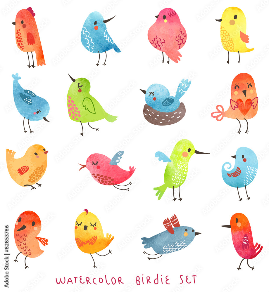 Watercolor vector birds set