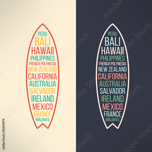 Vector surf typography surfing the world. T-shirt surfboard