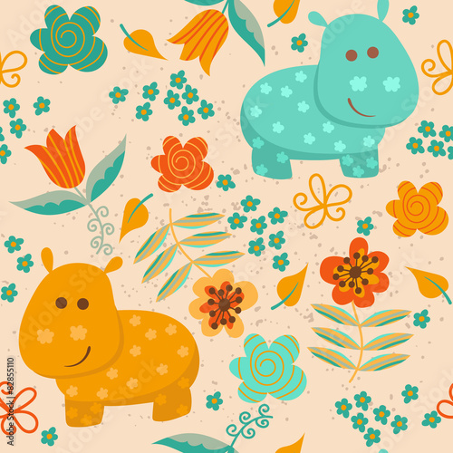 Seamless pattern with  hippo and flowers.