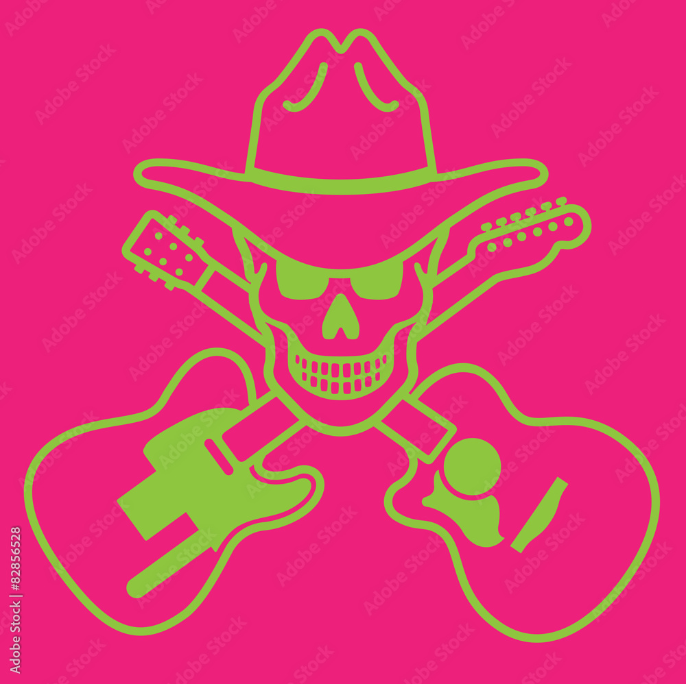 Cowboy Skull Vector Design with cowboy hat and crossed guitars.