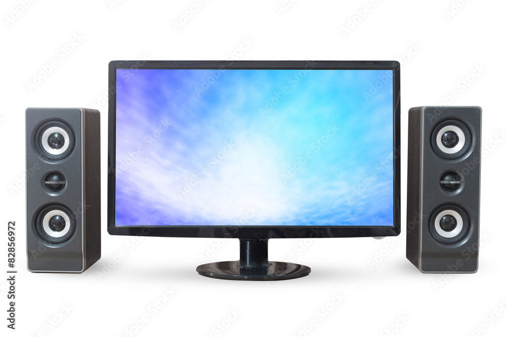 Monitor PC sky landscape and sound woofer isolated on white back Monitor PC sky landscape and sound woofer isolated on white back
