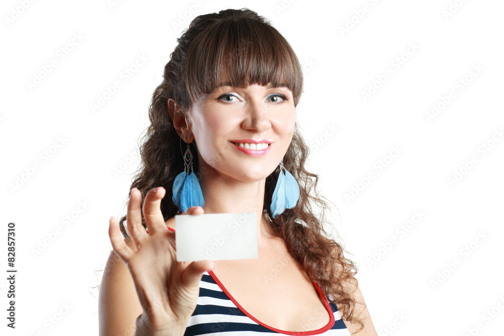woman holds card