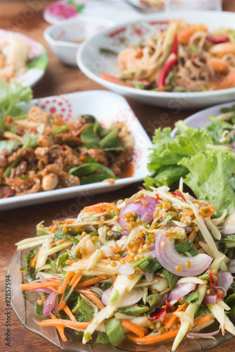 Herb salad with deep fried fish and shrimp (Thai fusion food)