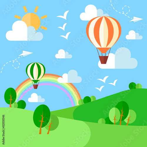 Landscape with hot air balloons  illustration in flat style