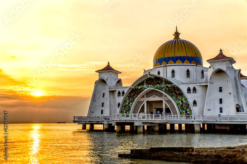 Sunset over Masjid selat Mosque in Malacca Malaysia