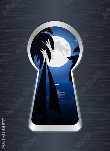 Night on the sea and palm trees are seen through the keyhole. Ve
