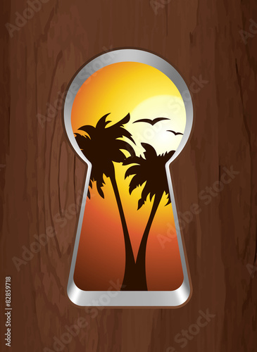 Sunset on the sea and palm trees are seen through the keyhole. V