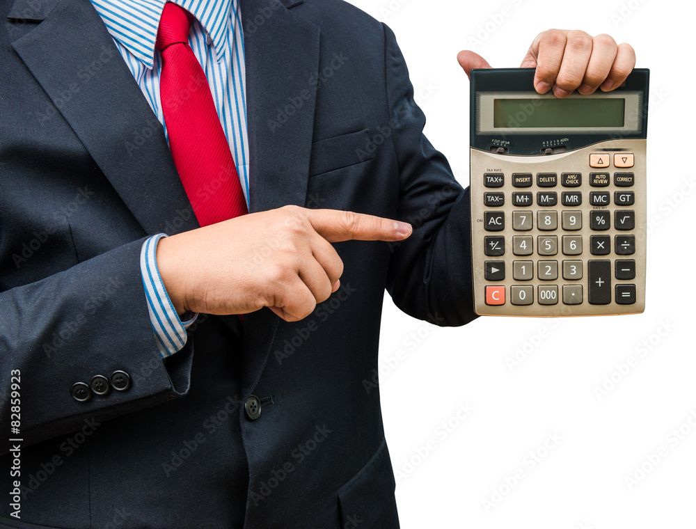 businessman pointing to calculator on white background businessman pointing to calculator on white background