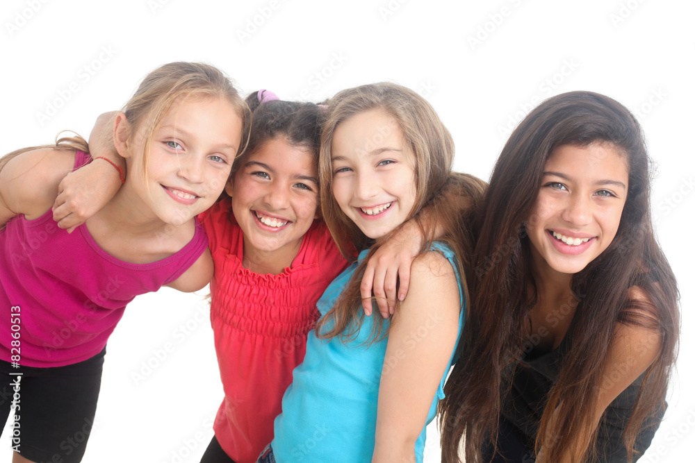 multiethnic group of happy girls on white background multiethnic group of happy girls on white background