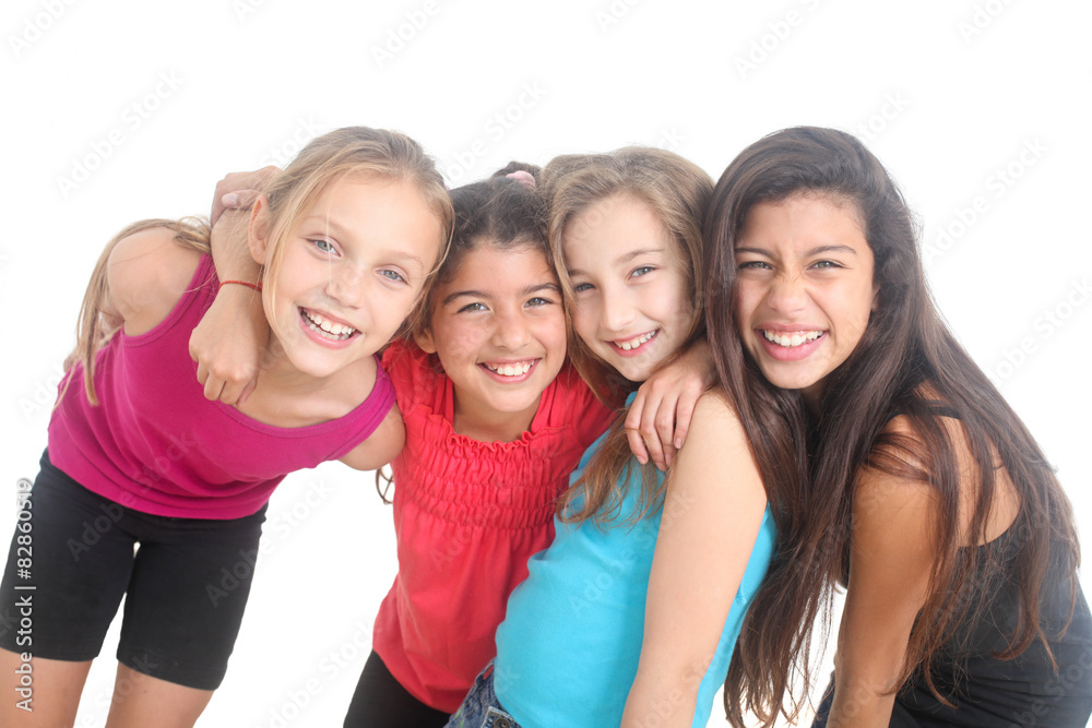 multiethnic group of happy girls on white background multiethnic group of happy girls on white background