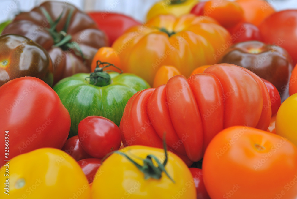 tomates de couleurs et de formes différentes sur fond bois blanc Stock — free download