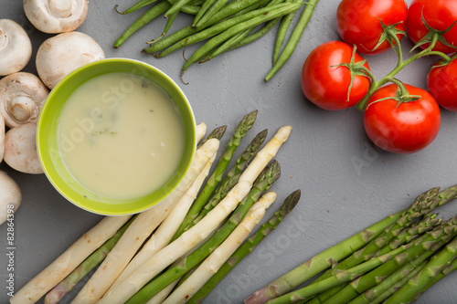 Asparagus soup with mushrooms and tomatoes 
