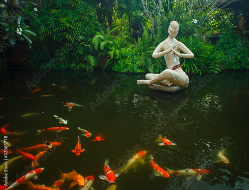 The sculpture above the water with the fish photo