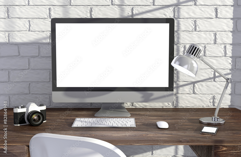 Fototapeta premium 3D illustration PC screen on table near brick wall Workspace