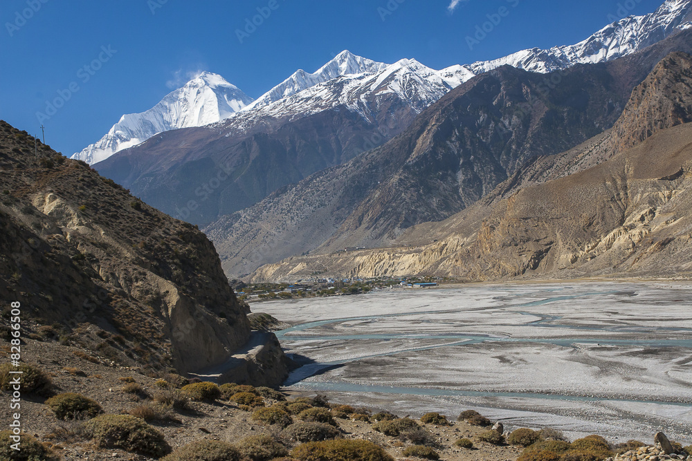 view of the Himalayas (Dhaulagiri) and the village of Jomsom