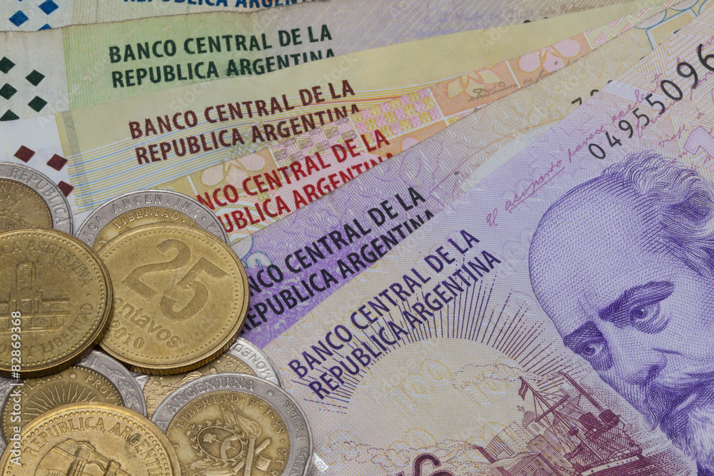 Fototapeta premium Various banknotes and coins from Argentina