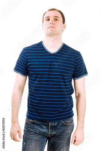 Young man with blue polo shirt on a white background